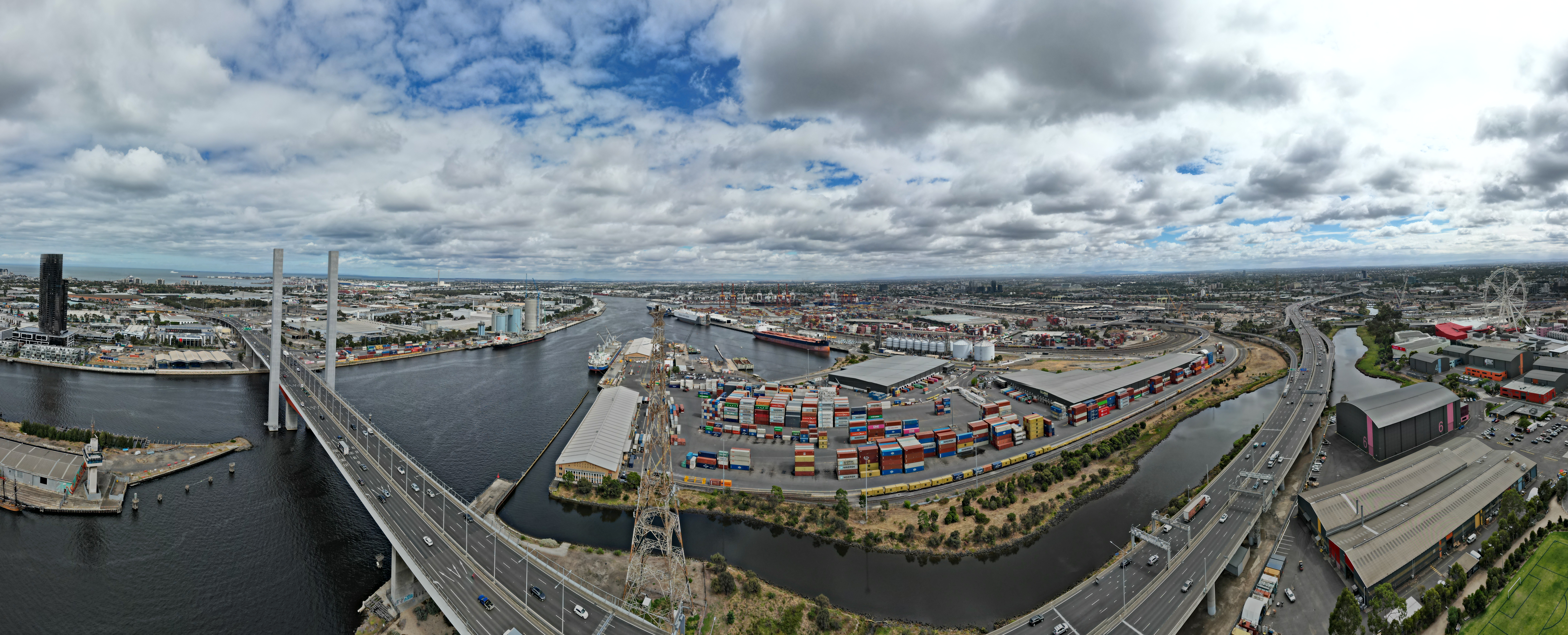 Aerial view of Docklands Melbourne waterfront with Bolte Bridge